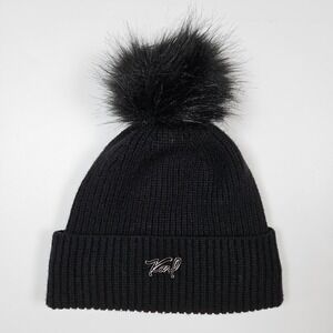Karl Lagerfeld Paris Knit Beanie Hat Cuff Faux Fur Poms Pom Pom Black